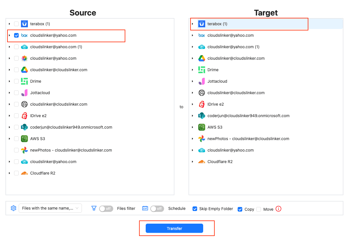 Transfer files from box to terabox