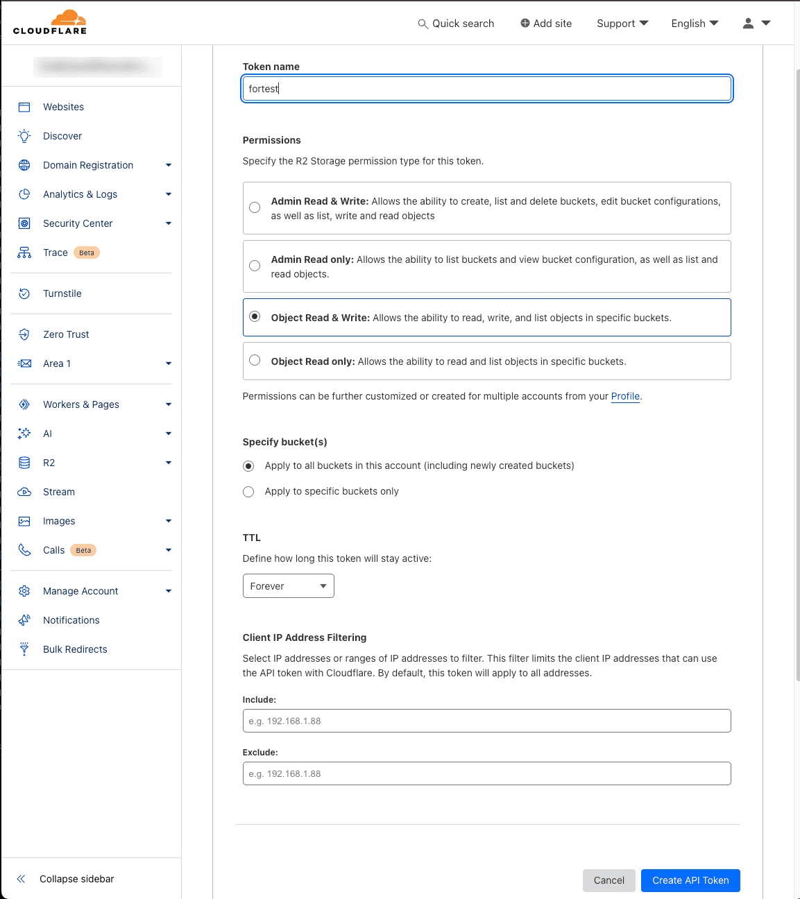 Cloudflare R2 API token form listing the four permission types — Admin Read & Write, Admin Read only, Object Read & Write, Object Read only — with Object Read & Write selected, Apply to all buckets in this account chosen, TTL set to Forever and empty client IP filters; the account email in the sidebar is blurred