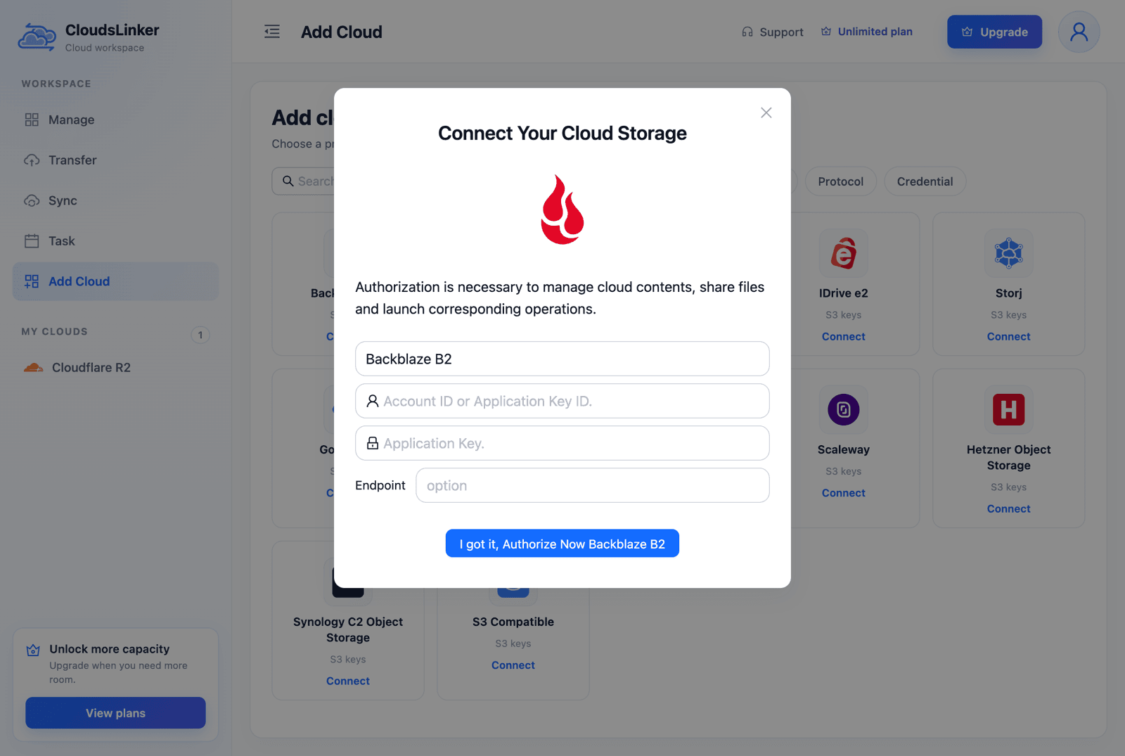 CloudsLinker Connect Your Cloud Storage dialog for Backblaze B2: the Name field set to Backblaze B2, empty Account ID or Application Key ID and Application Key fields, an Endpoint field showing only the placeholder option, and the I got it, Authorize Now Backblaze B2 button; Cloudflare R2 is already listed under My clouds in the sidebar