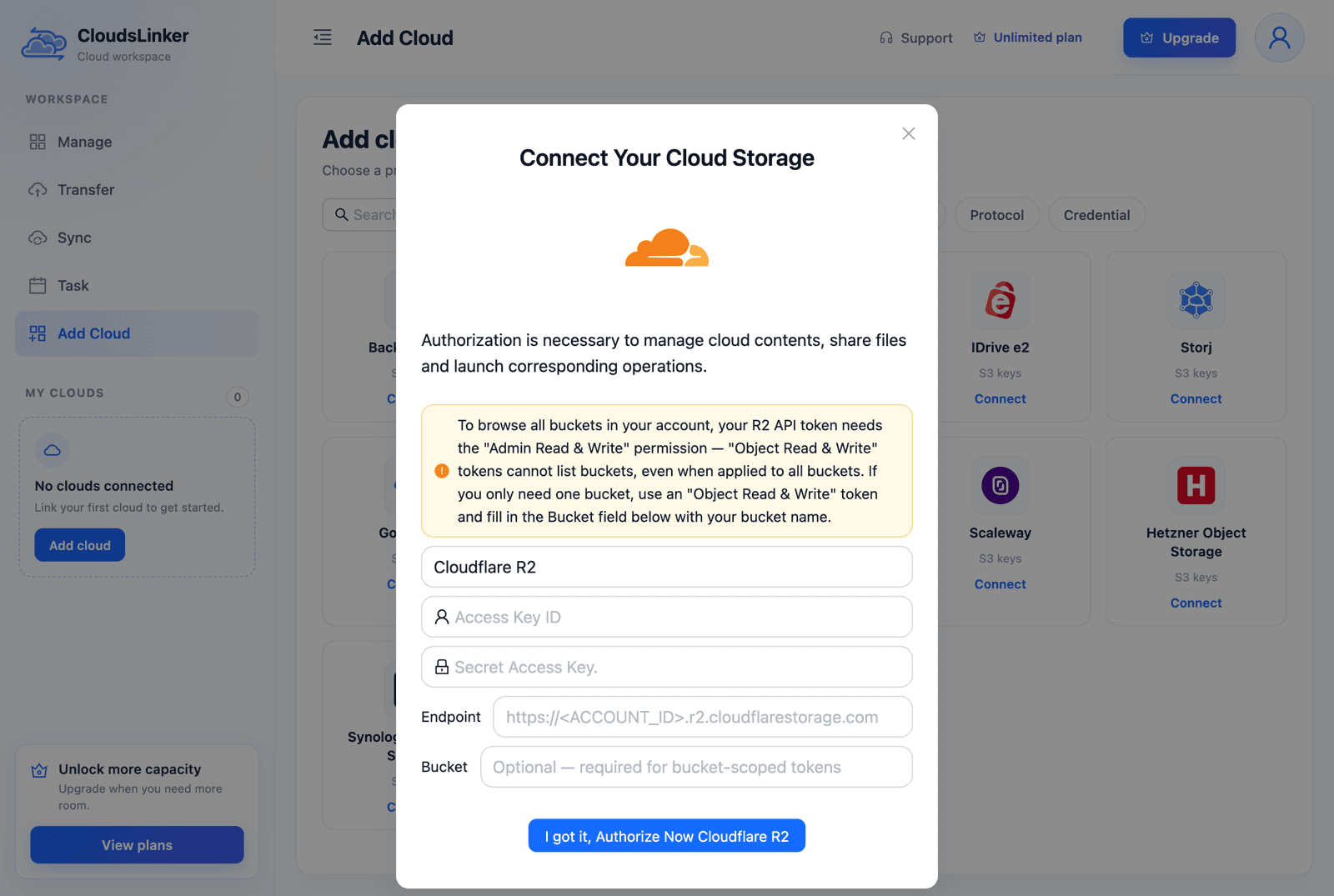 CloudsLinker Add Cloud page filtered to S3 providers with the Connect Your Cloud Storage dialog for Cloudflare R2 open: a notice that browsing all buckets needs an Admin Read & Write token, the Name field set to Cloudflare R2, empty Access Key ID and Secret Access Key fields, an Endpoint field with the placeholder https://ACCOUNT_ID.r2.cloudflarestorage.com, an optional Bucket field and the I got it, Authorize Now Cloudflare R2 button