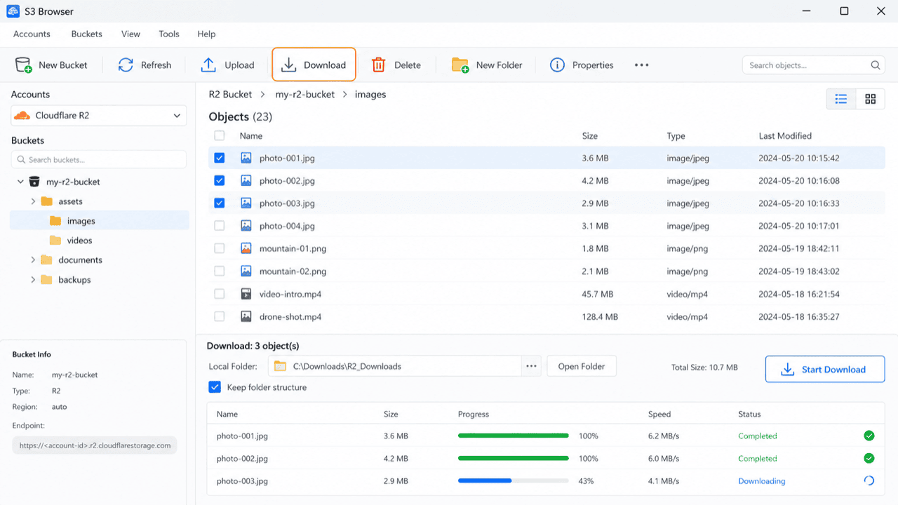 Download files from a Cloudflare R2 bucket with an S3-compatible client