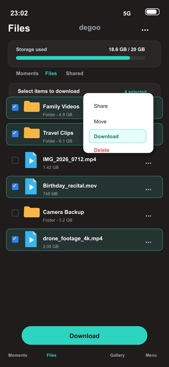 Degoo mobile app file list with several folders and video files selected via checkboxes, the three-dot action menu open showing a highlighted Download option, and a storage usage bar visible at the top of the screen
