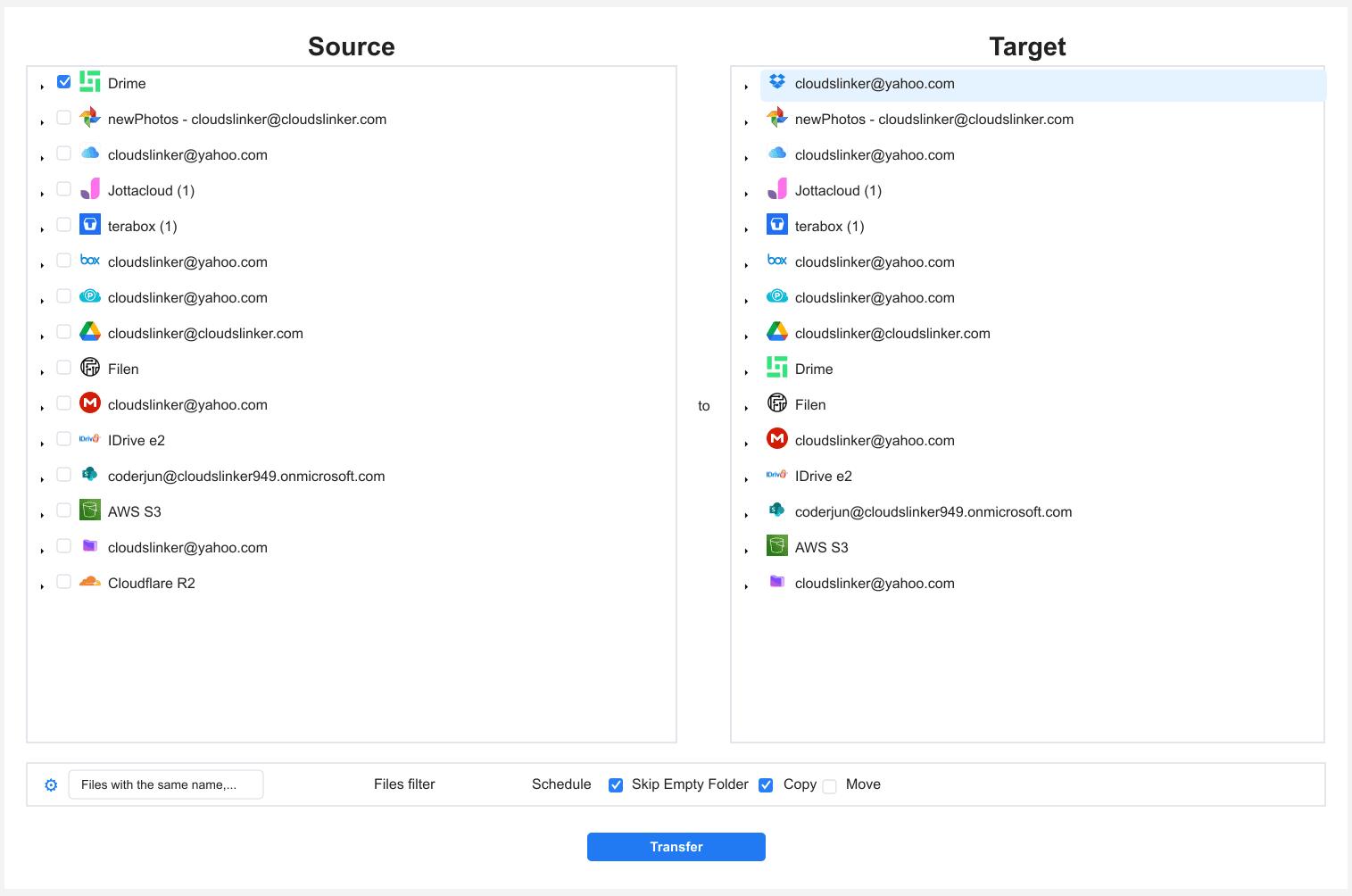 Configure Drime to Dropbox transfer in CloudsLinker