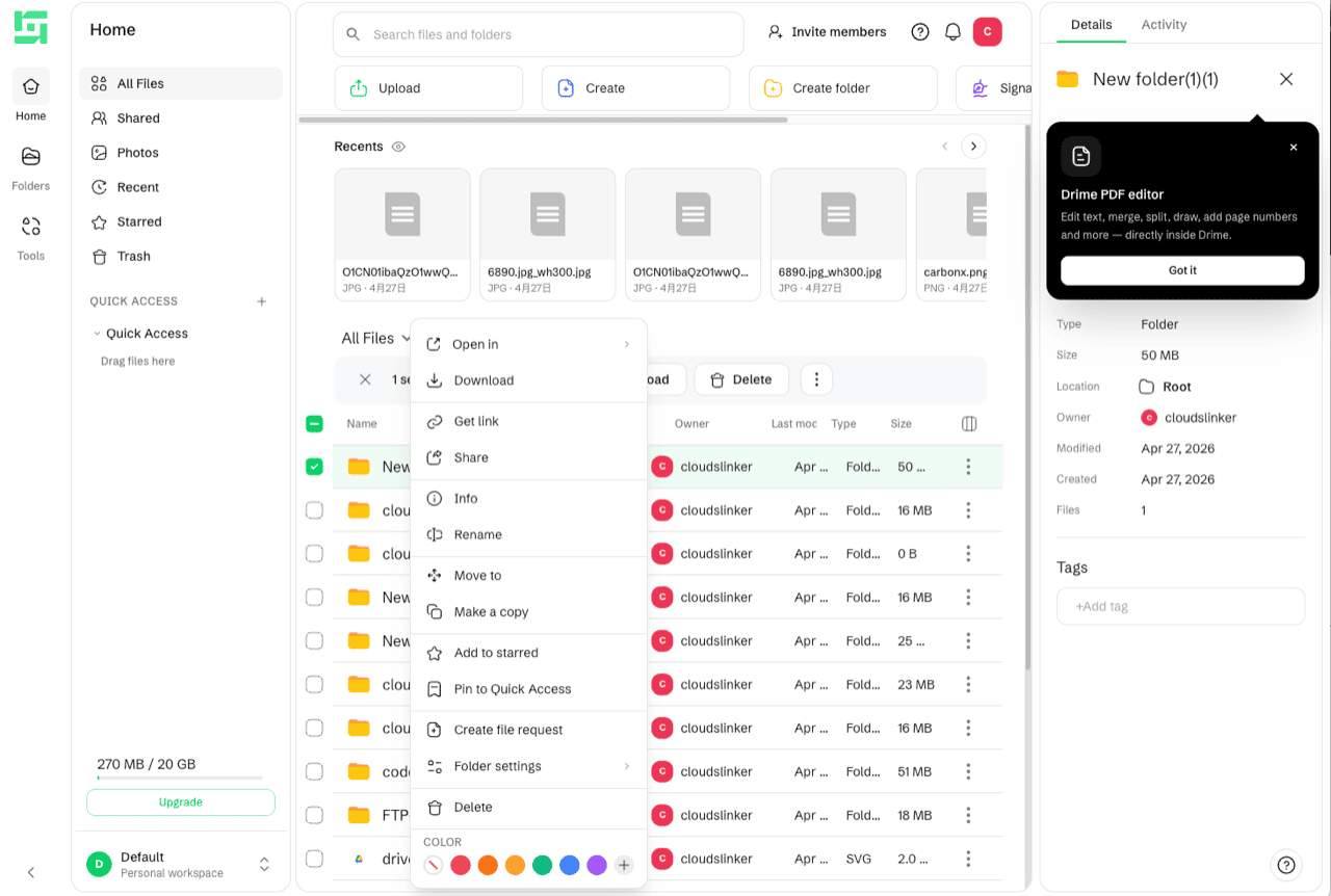 Download files from Drime web interface