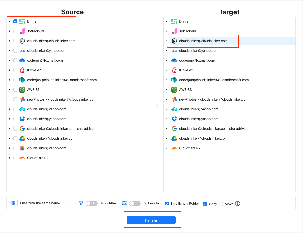 Configure the Drime to Filen transfer in CloudsLinker