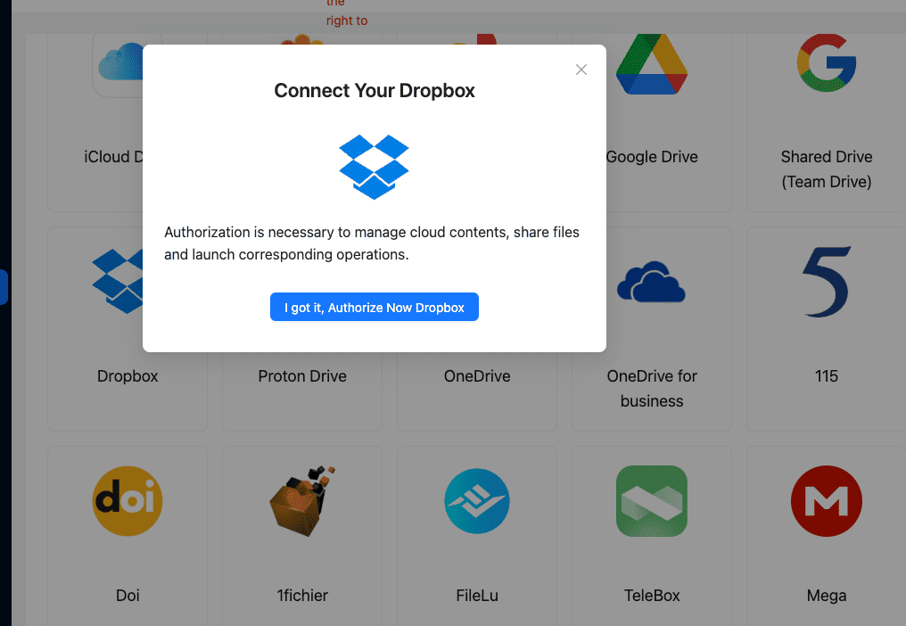 Authorize Dropbox in CloudsLinker via OAuth