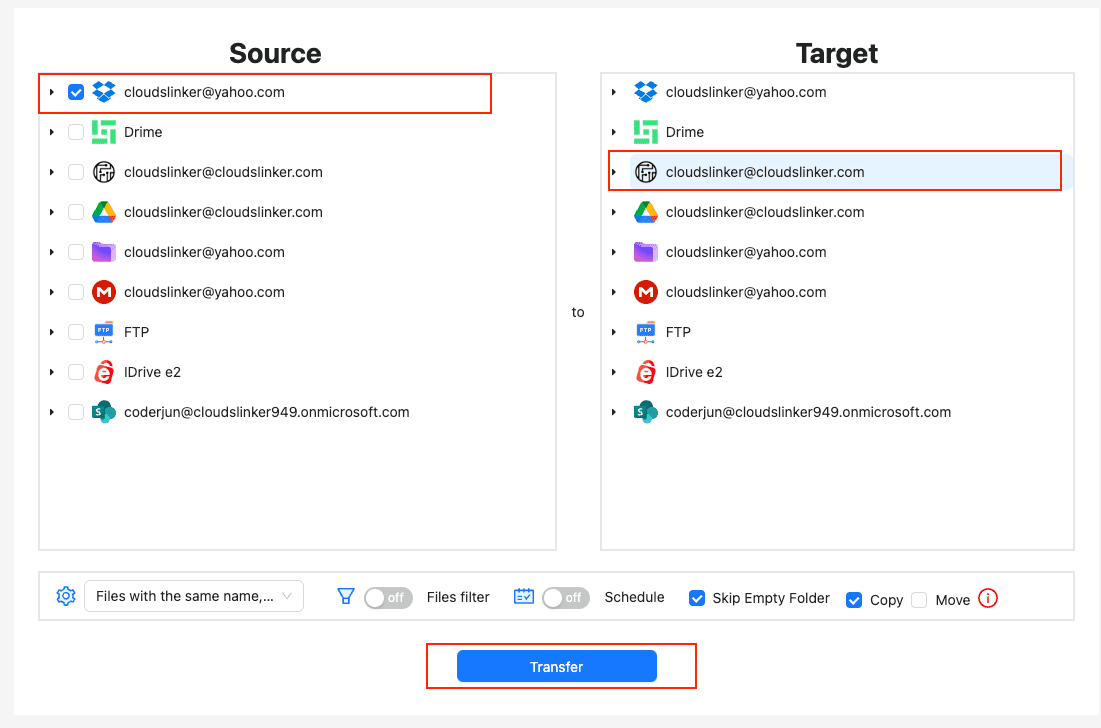Dropbox to Filen transfer task in CloudsLinker