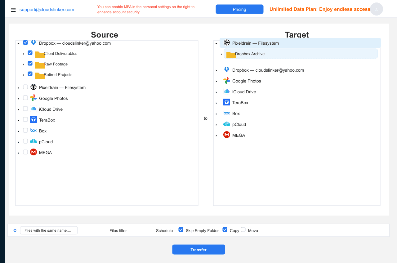 CloudsLinker transfer configuration with Dropbox folders checked as source on the left and a Pixeldrain filesystem directory selected as destination on the right