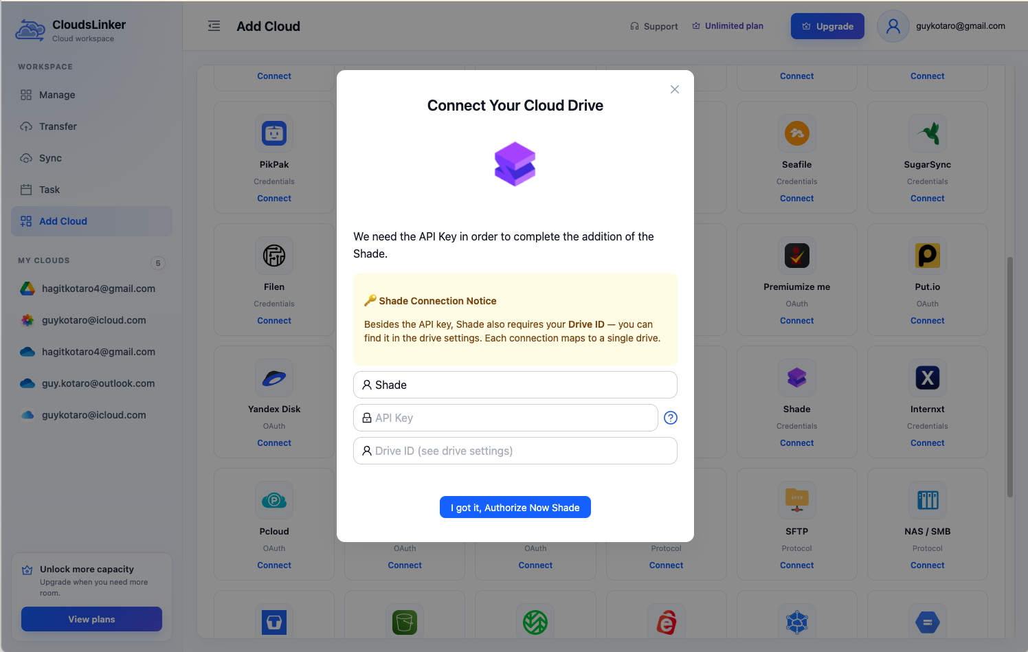 CloudsLinker Add Cloud dialog for Shade with API Key and Drive ID input fields
