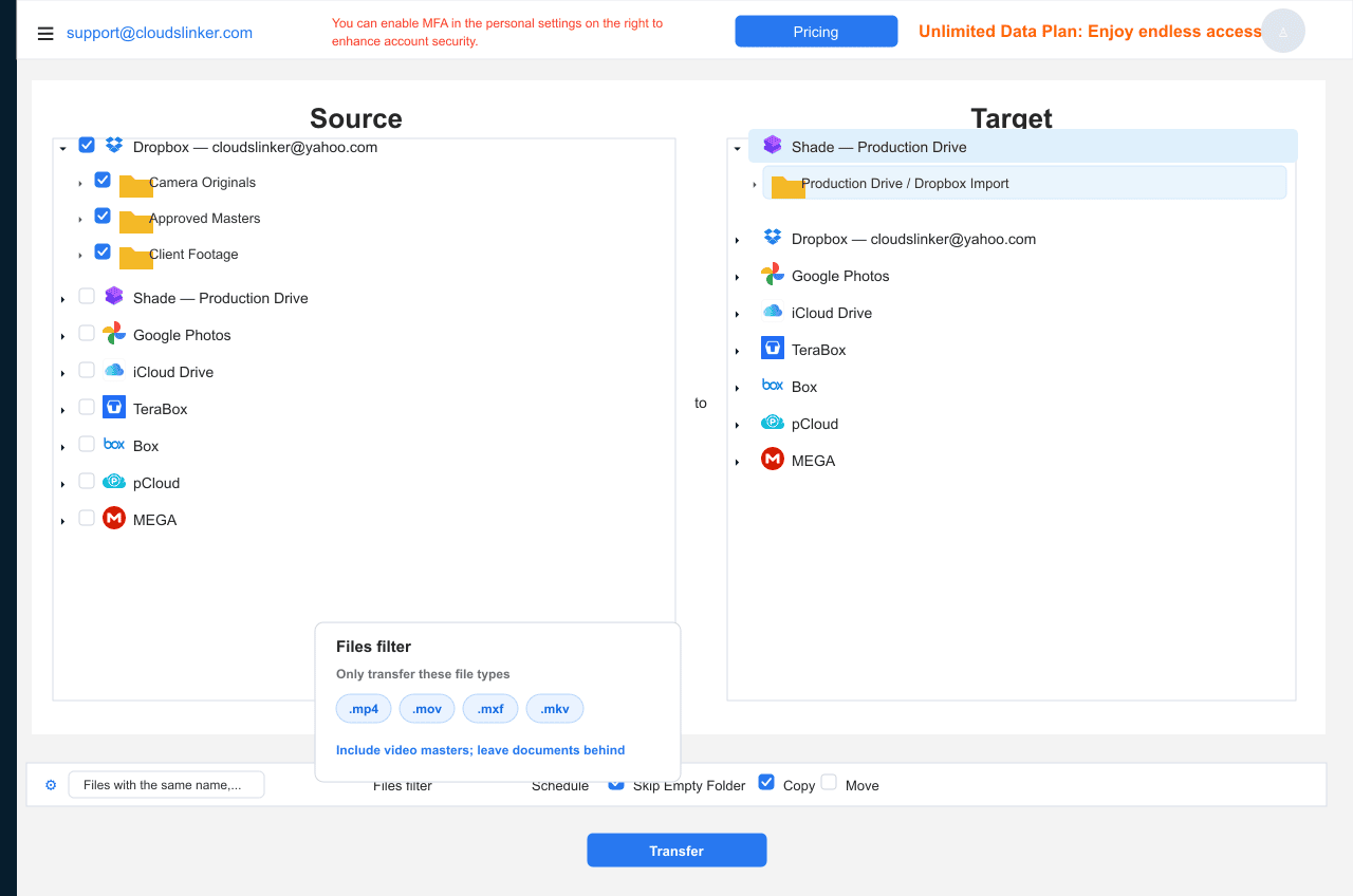 CloudsLinker transfer configuration with Dropbox footage folders checked as source on the left and a Shade drive destination selected on the right, file type filter showing video formats