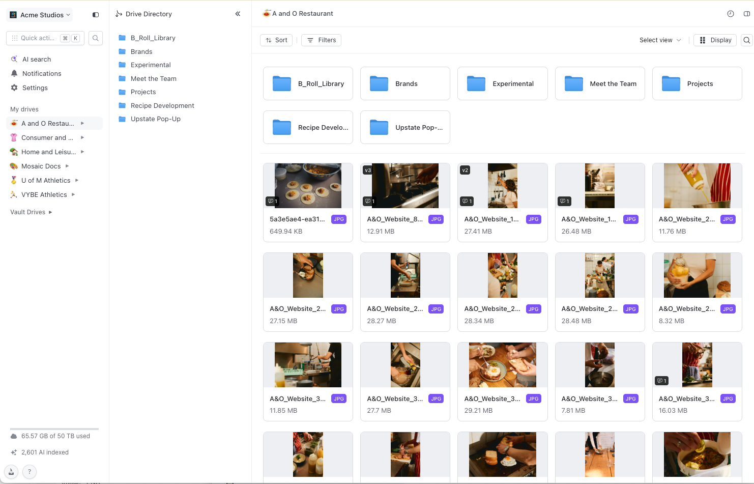 Shade web app showing a workspace with the Drive Directory tree and an open drive of AI-indexed media assets in a grid, with storage usage and AI-indexed counts in the corner — the Drive ID lives in this drive's settings