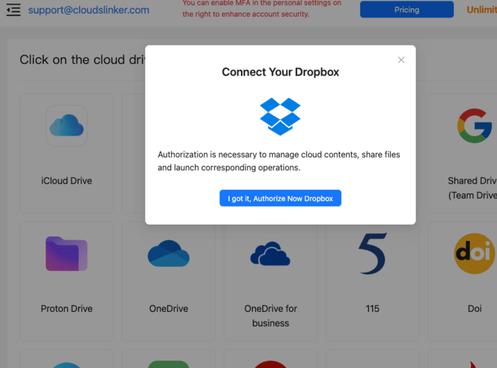 Connect Dropbox in CloudsLinker via the standard OAuth consent flow at www.dropbox.com