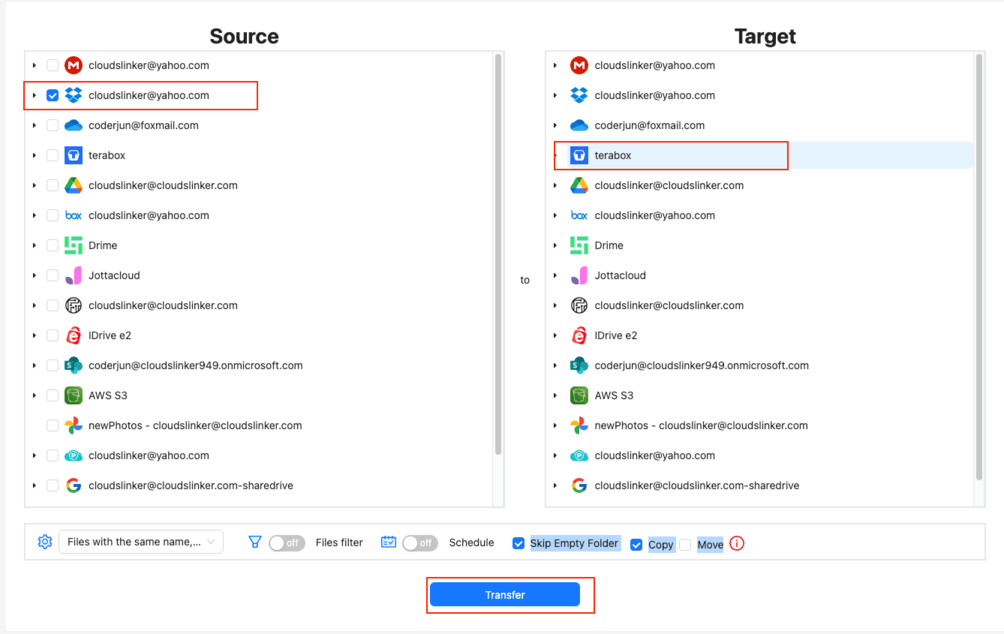 CloudsLinker transfer configuration screen with Dropbox as source and TeraBox as destination