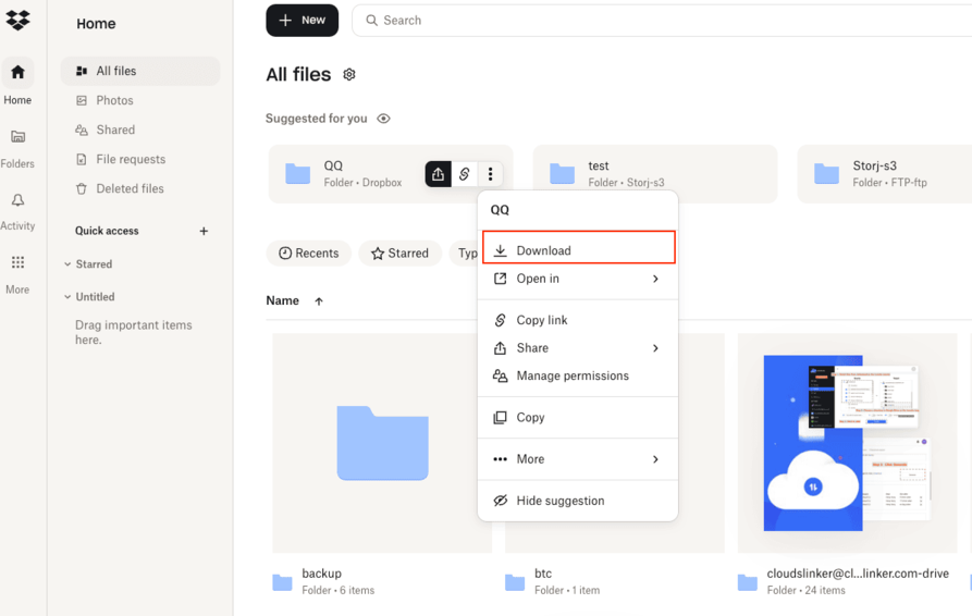 Selecting files in the Dropbox web interface and clicking Download to bundle them as a ZIP archive