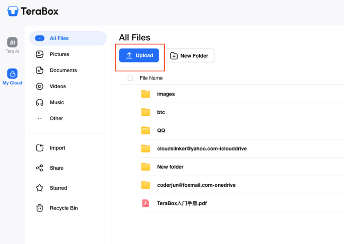 TeraBox web upload interface showing folder upload progress against the 4 GB free-tier per-file cap