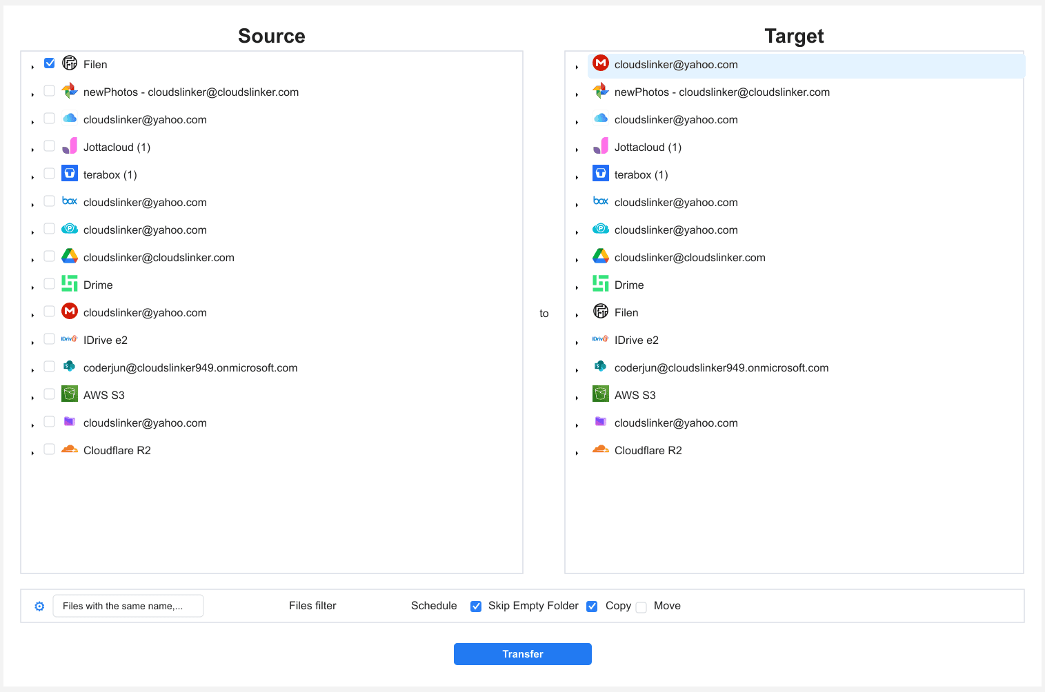 Configure Filen to MEGA transfer in CloudsLinker