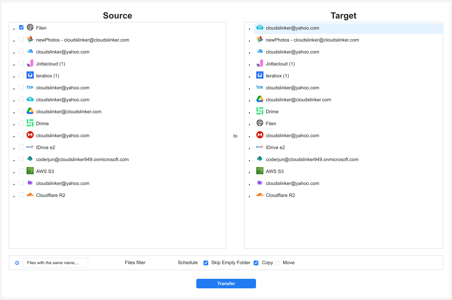Configure Filen to pCloud transfer in CloudsLinker
