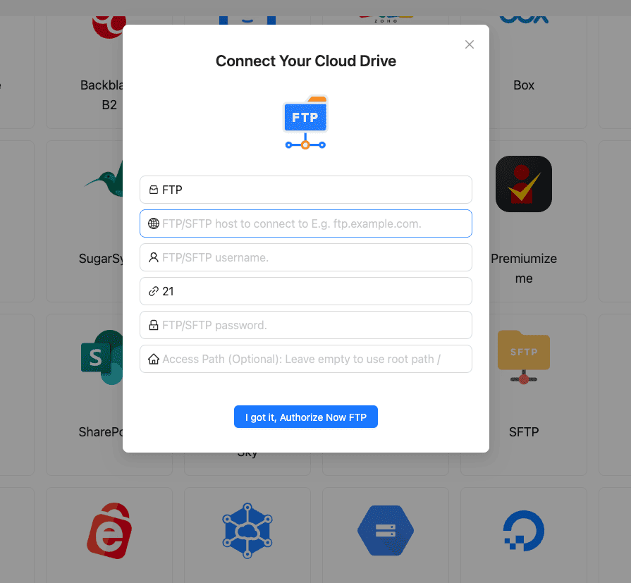Add FTP/SFTP source in CloudsLinker by entering endpoint, port, credentials, and access path