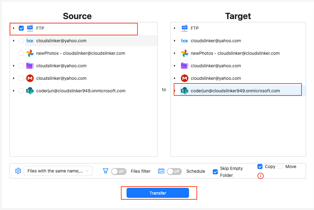 Select FTP/SFTP as source and SharePoint as destination in CloudsLinker transfer page