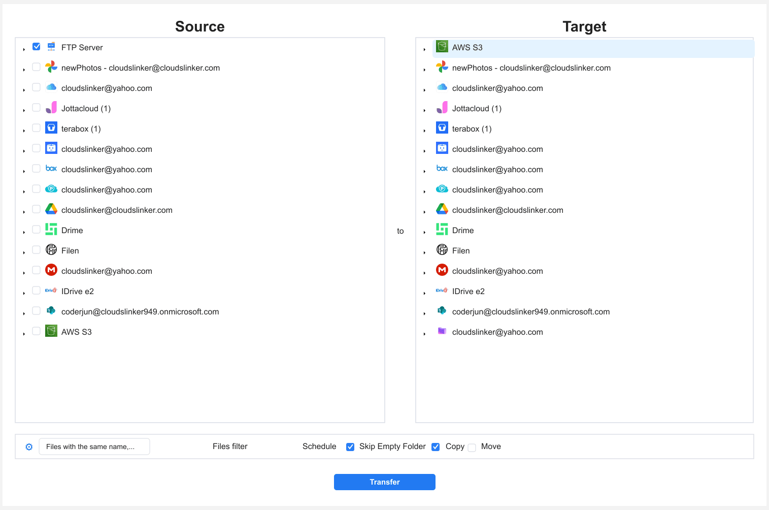 CloudsLinker transfer setup with FTP Server selected as source and AWS S3 as target in copy mode