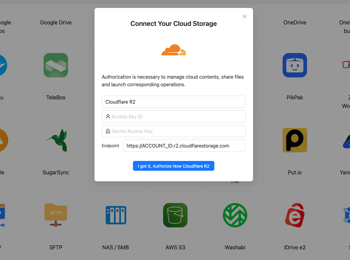 Connect Cloudflare R2 destination in CloudsLinker using Access Key ID, Secret Access Key, and endpoint