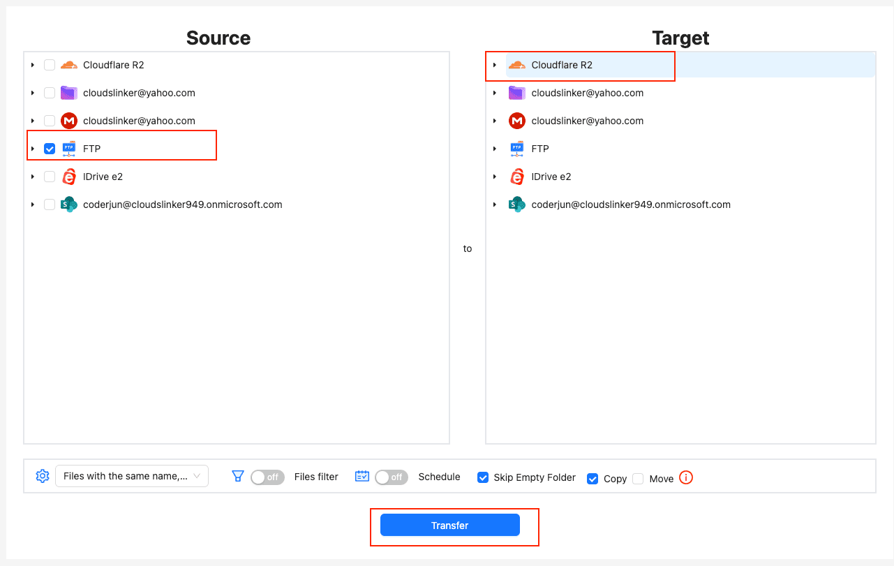 Select FTP/SFTP as source and Cloudflare R2 as destination in CloudsLinker transfer page
