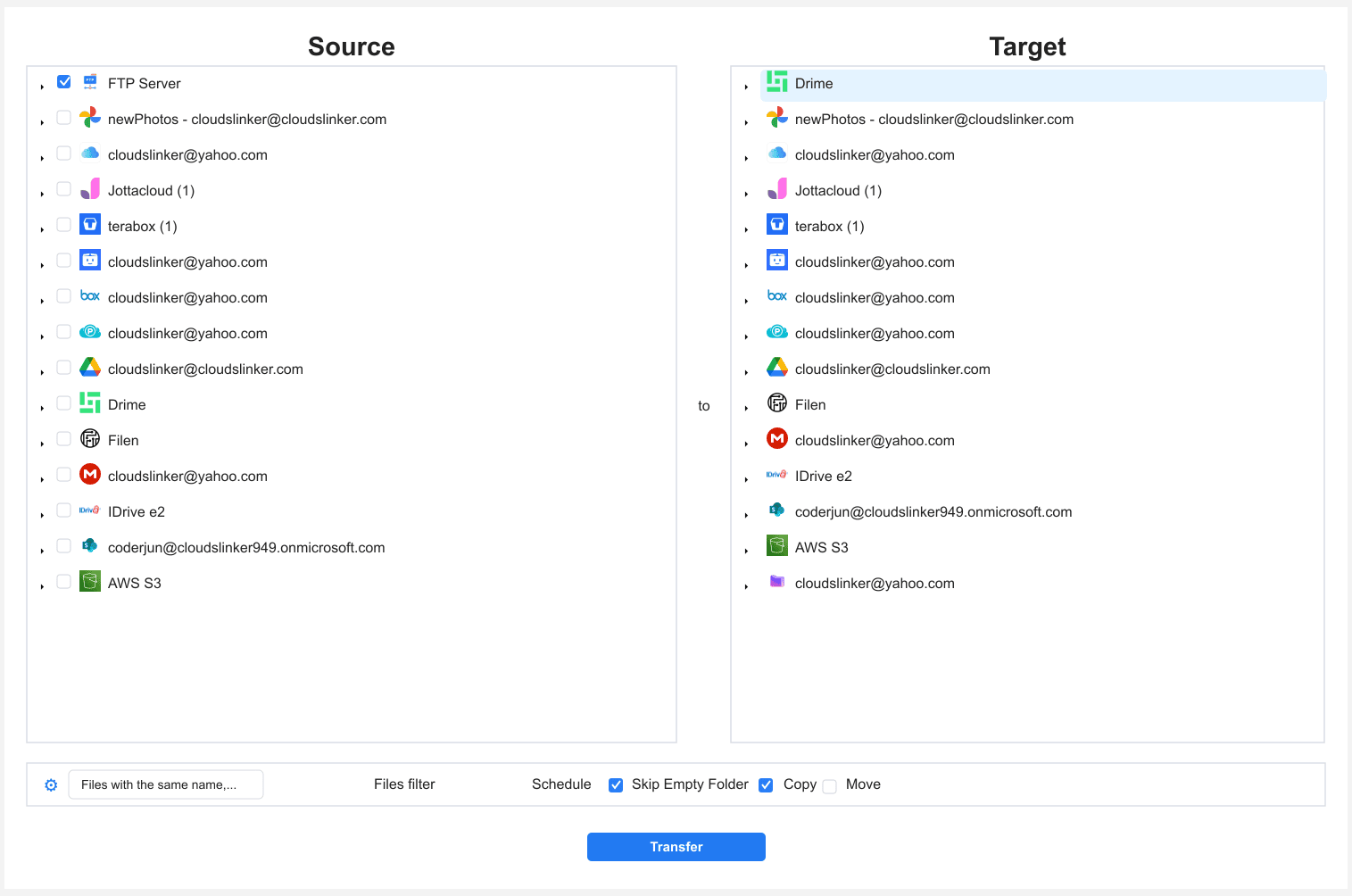 CloudsLinker transfer setup with FTP Server selected as source and Drime as target in copy mode