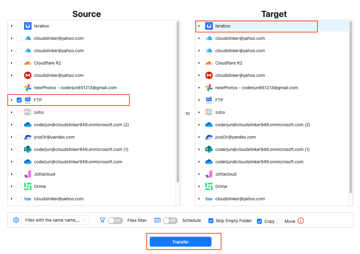 Configure FTP to TeraBox transfer in CloudsLinker