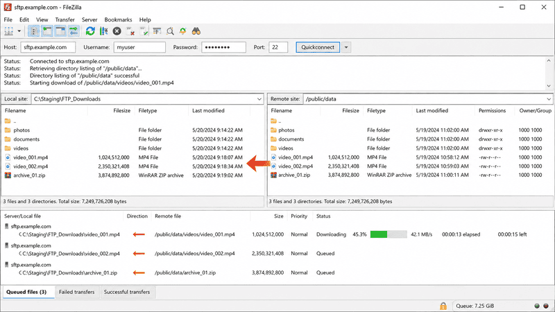 Download files from FTP server with FileZilla
