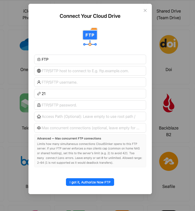 Connect FTP server to CloudsLinker with host, user and port