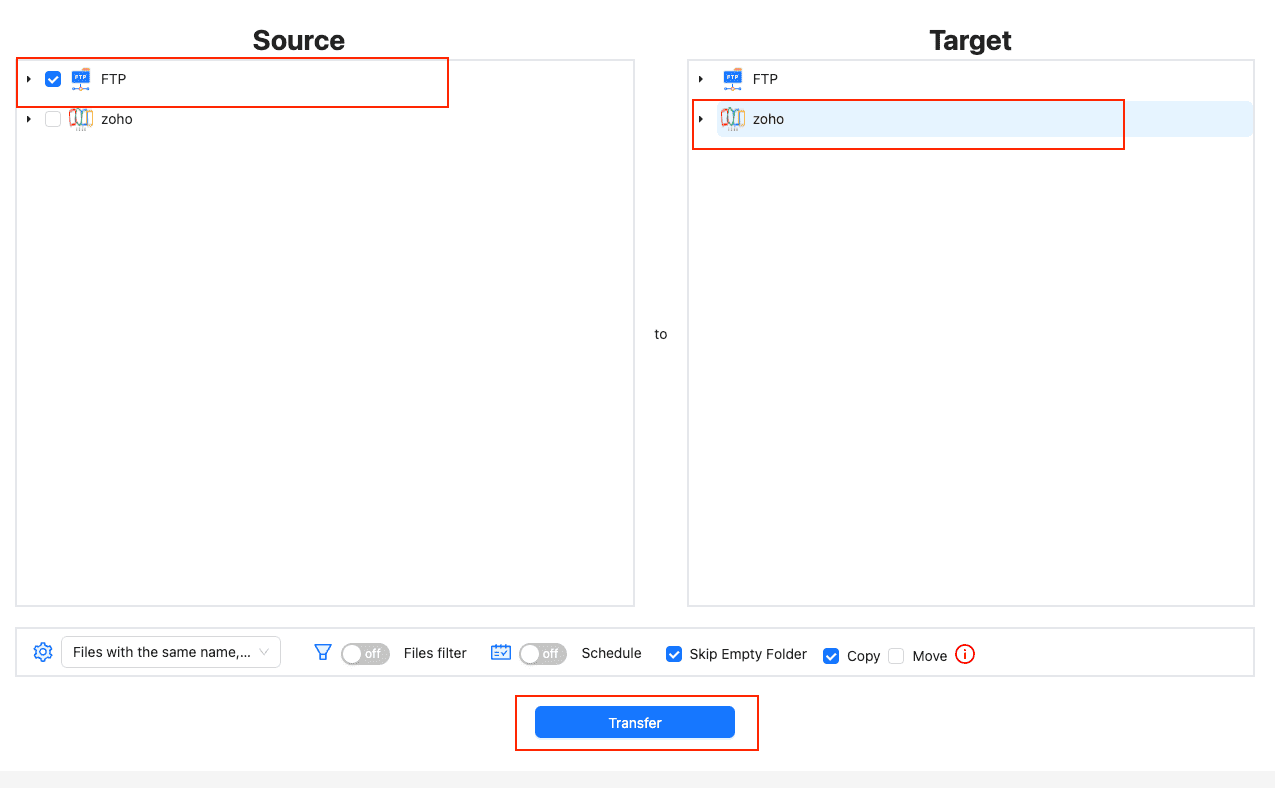 Initiating the FTP to Zoho WorkDrive transfer in CloudsLinker
