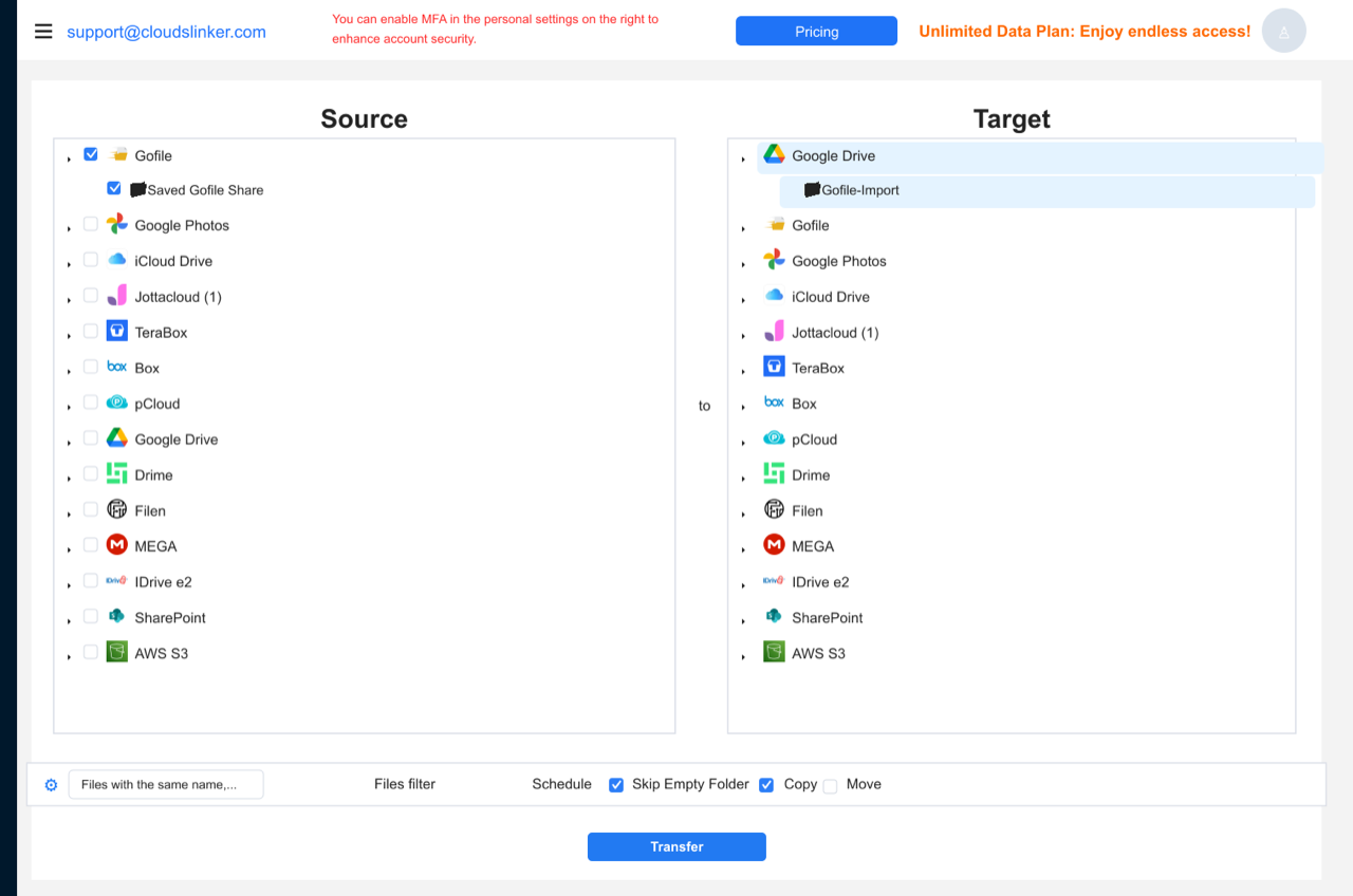 CloudsLinker transfer configuration screen with a saved Gofile folder checked as source on the left and a Google Drive Gofile-Import folder selected as destination on the right