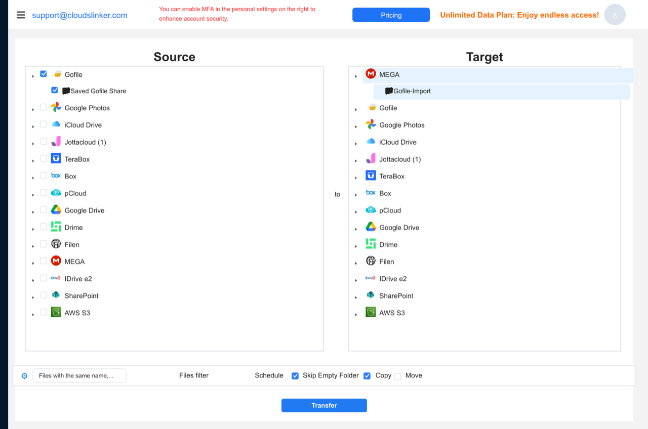 CloudsLinker transfer configuration screen with a saved Gofile folder checked as source on the left and a MEGA destination folder selected on the right