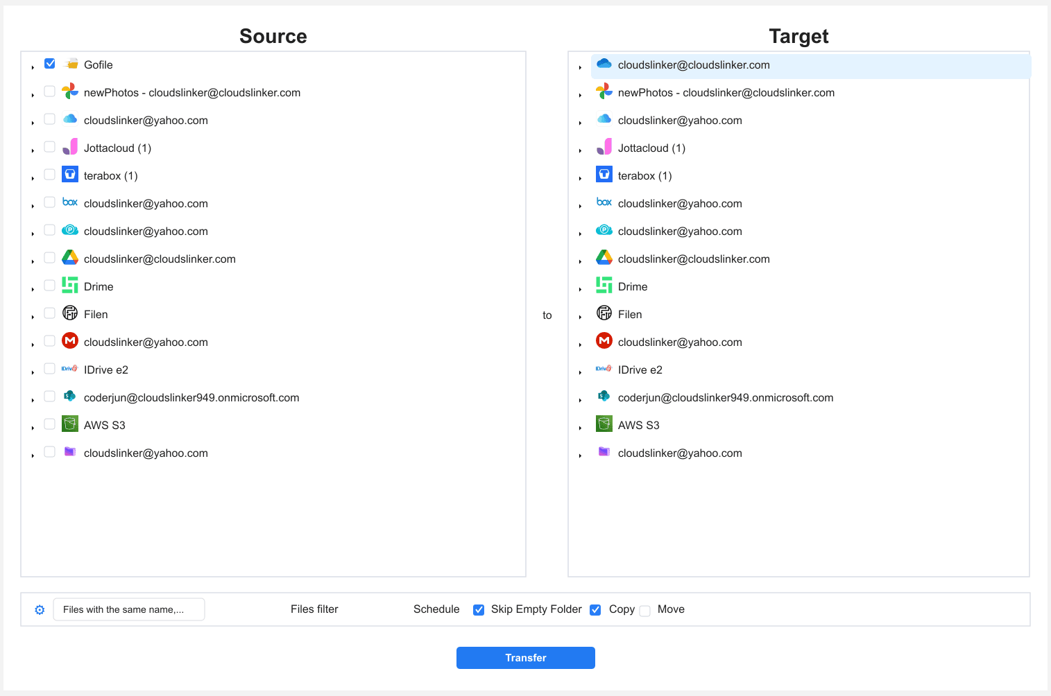 CloudsLinker transfer configuration with Gofile folders checked as source and a OneDrive rescue folder selected as destination