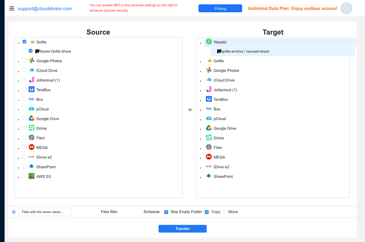 CloudsLinker transfer configuration screen with a saved Gofile folder checked as source on the left and a Wasabi bucket and folder prefix selected as destination on the right