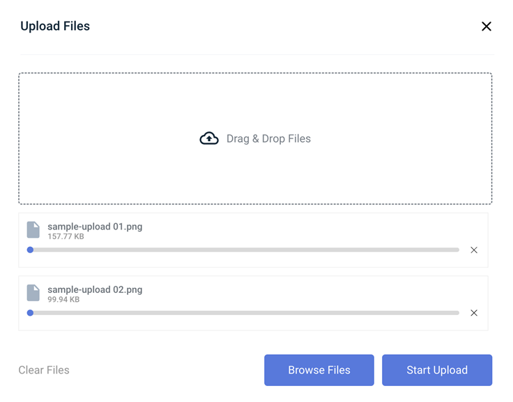 Wasabi web console with a bucket open and a drag-and-drop upload of several folders queued with progress bars