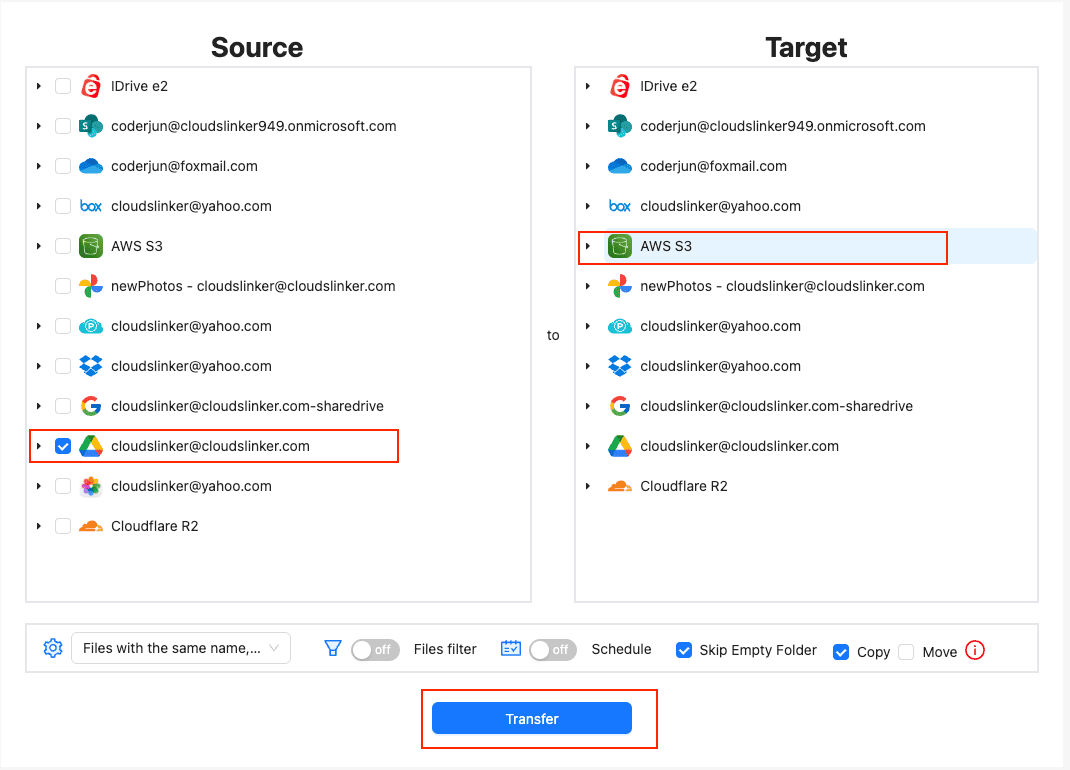 Configuring a transfer from Google Drive to AWS S3 in CloudsLinker