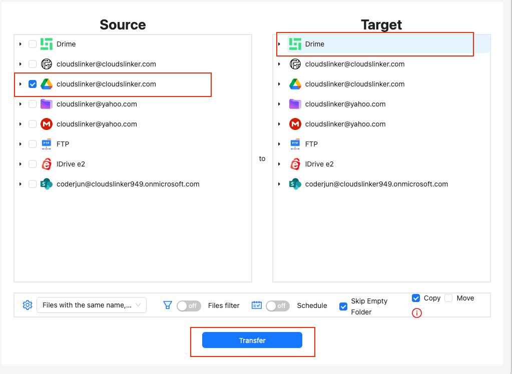 Create a Google Drive to Drime transfer task in CloudsLinker