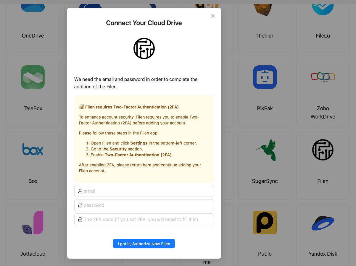 Authorize Filen in CloudsLinker