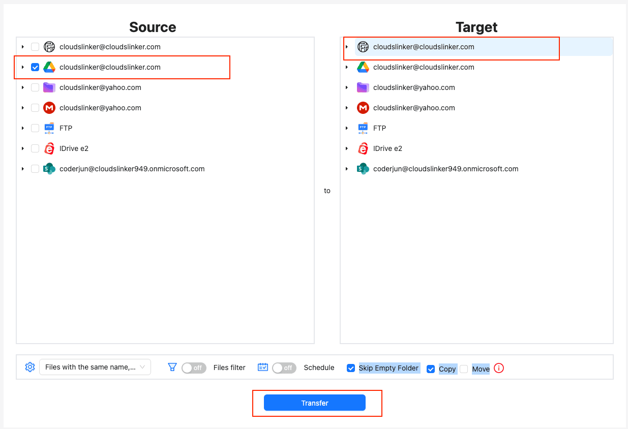 Google Drive to Filen transfer task in CloudsLinker