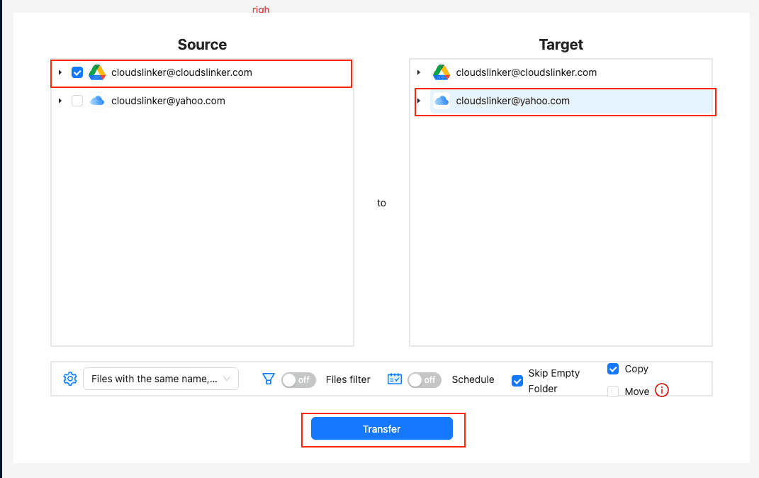 Transfer from Google Drive to iCloud Drive using CloudsLinker