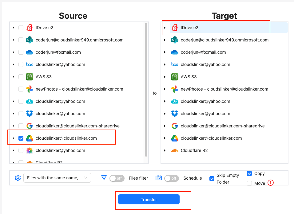 Configure Google Drive to IDrive e2 transfer in CloudsLinker