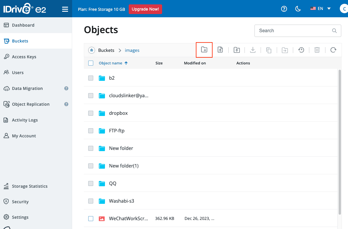 Upload files to IDrive e2 web console