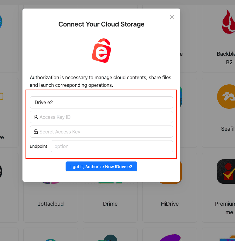 Enter IDrive e2 S3 credentials in CloudsLinker