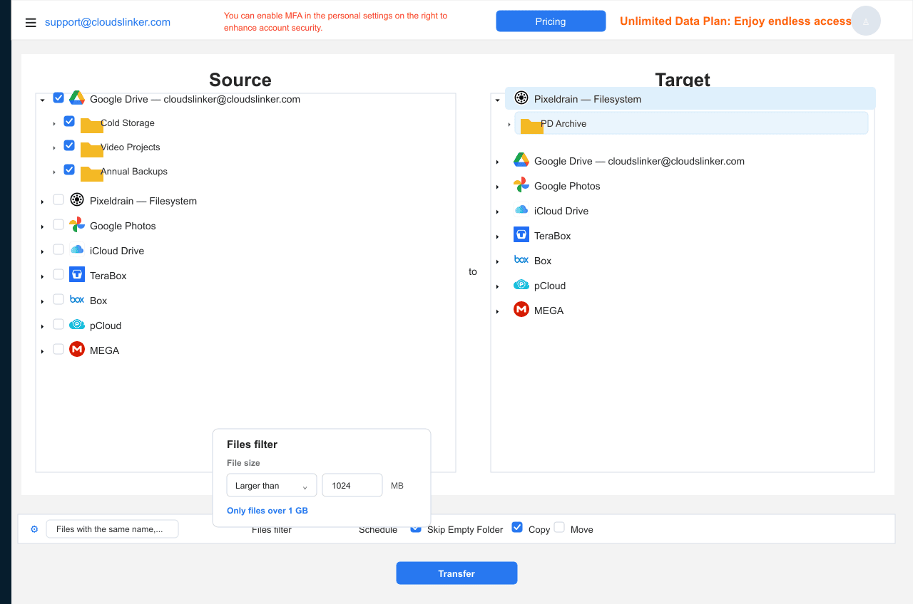 CloudsLinker transfer configuration with Google Drive folders checked as source on the left and a Pixeldrain filesystem Archive directory selected as destination on the right, size filter dropdown open
