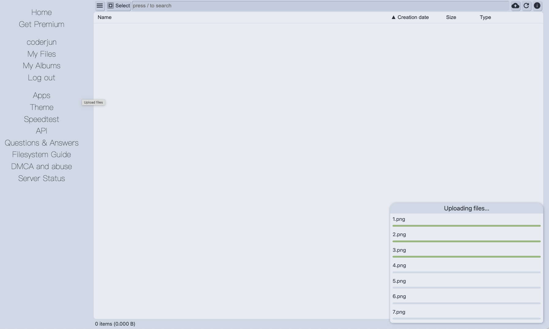 Pixeldrain web interface with the account menu on the left and an Uploading files panel in the corner showing seven files uploading with per-file progress bars
