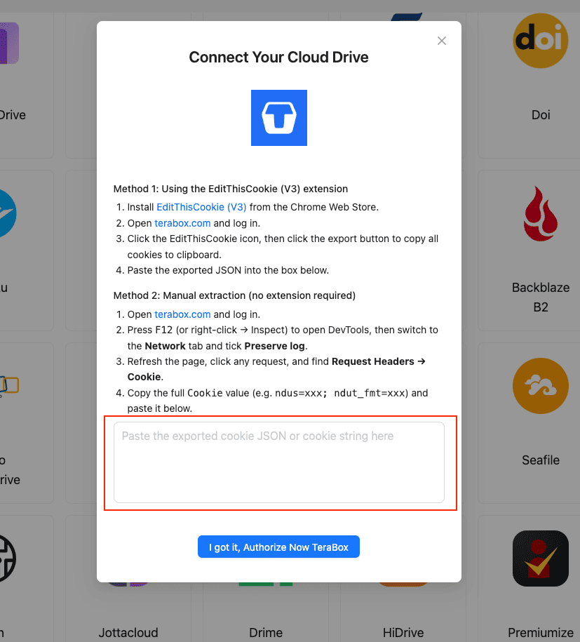 Connect TeraBox in CloudsLinker by pasting the exported browser cookie