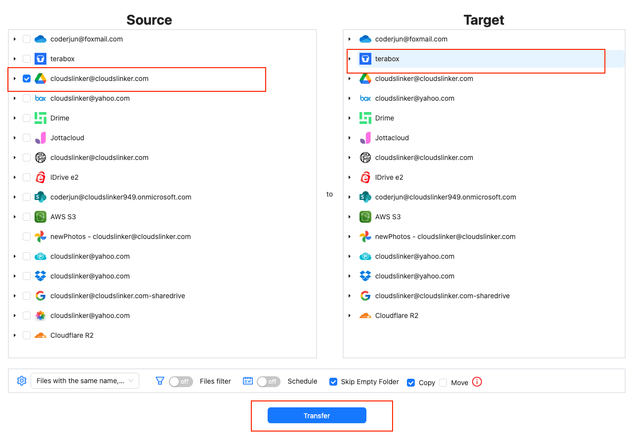 CloudsLinker transfer configuration screen for selecting source and destination clouds