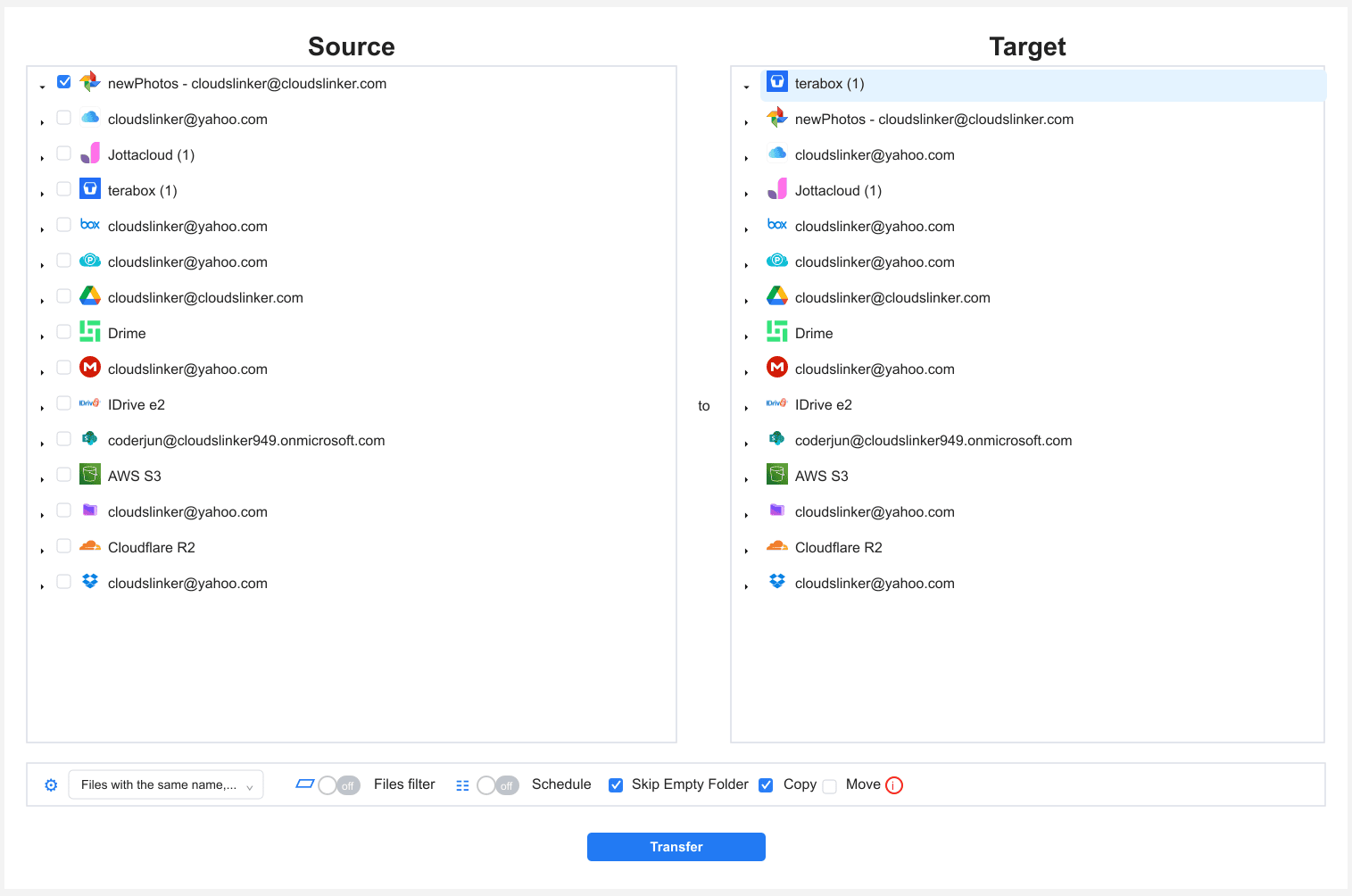 Configure Google Photos to TeraBox transfer in CloudsLinker