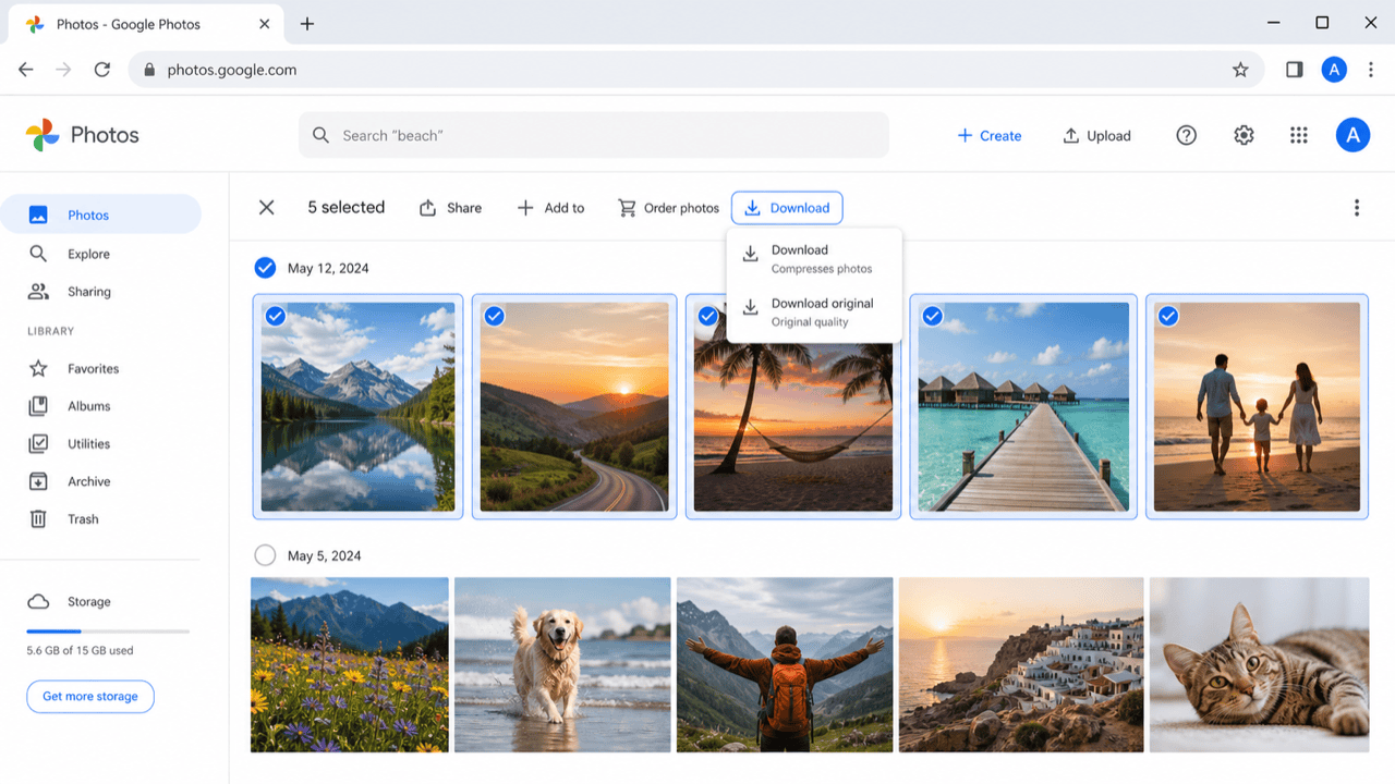 Download photos from Google Photos web interface